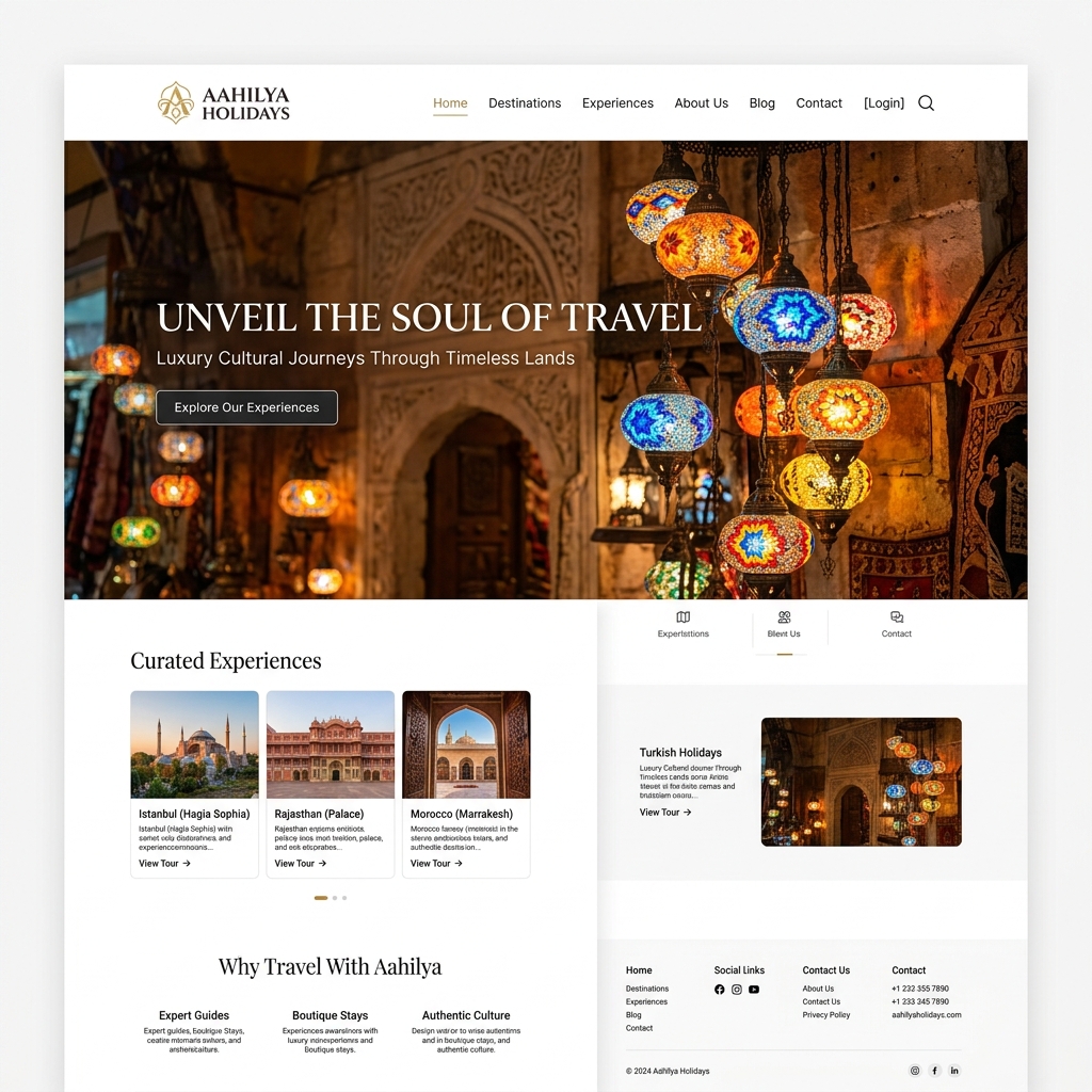 Aahilya Holidays travel website mockup
